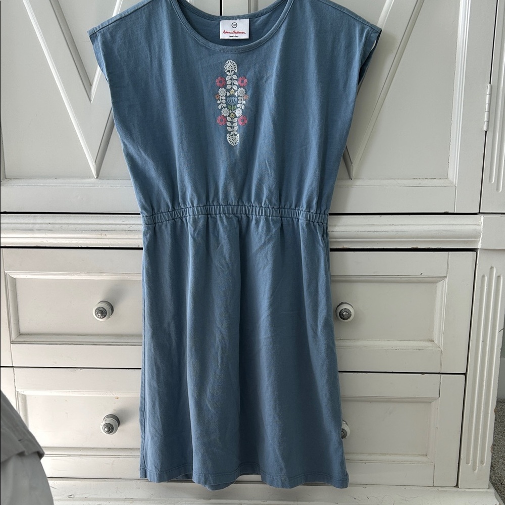 Hanna Andersson Blue Cotton Dress with Floral Embroidery
